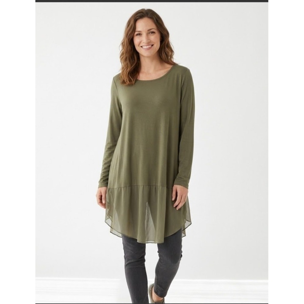 Eileen Fisher Tunic Women XL Green Silk Chiffon Hem Flaw Luxury Top Layering